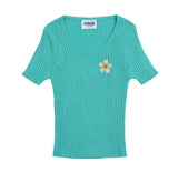 Flower Dot Embroidery Crop Short Sleeve Knit