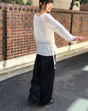 Ui punching ribbon strap round neck see-through long-sleeved knit