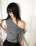 [Strap SET] Kinble Slim Fit Striped Cap Sleeve Off-Shoulder T-Shirt