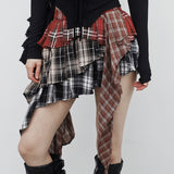Chena unbalanced check tiered skirt