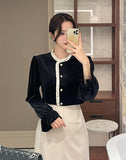 Tiv Frill Color Matching Velvet Blouse