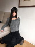 [Choker Set] Ruckle Wool Square Neck Ribbed Long Sleeve Knit