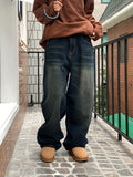 Chiba vintage cat washed long wide denim pants