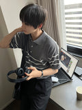 V-in stripe button collar short sleeve knit