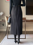 Cre wool pin tuck H-line slit long skirt (belt set)