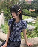 Warden Round Collar Puff Check Blouse