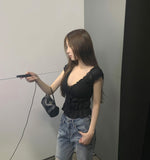 Feminine Sexy Ribbon Shirring Smoked Banding Sleeveless Blouse
