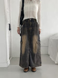 Parform Vintage Washing Long Denim Skirt