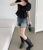 Summer Ribbon Puff Balloon Short Sleeve Flare Blouse