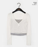 [Brushed] Koming lace ribbon V-neck button T-shirt