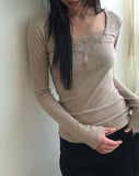 [MADE] Newbe Lace Point Button Ribbed Long Sleeve T-Shirt