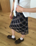 Atin Check Chiffon Lace Ribbon Midi Skirt