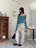 Nuel square neck thong slit long sleeve T-shirt