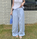 Frill Stripe Vacation Look Summer Wide Banding Pants