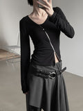 Wet Button Slit Zipper Long Sleeve Top