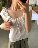Shua lace punching ribbon puff blouse