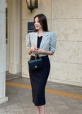 Beilb Linen Puff Collar Check Crop Jacket