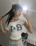 [Muffler SET] Lensa Dot Print Lace Off-Shoulder Short Sleeve T-Shirt