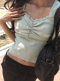 [MADE/more BASIC] Sisson Punching Heart Neck Shirring Cap Sleeve Short Sleeve T-shirt