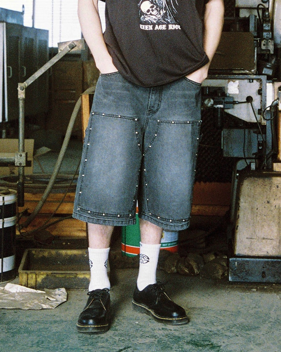 【mahagrid】24SS★ STUD DOUBLE KNEE DENIM SHORT MAHAGRID]☆24SS☆韓国人気☆STUD DOUBLE KNEE DENIM SHORT