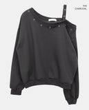 Duon Eyelet Strap Off-Shoulder Brushed Sweatshirt