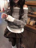 Boudin Stripe Loose Fit Off-Shoulder Button Knit