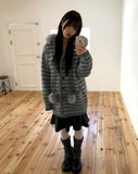Levin Stripe Drop Knit Fur Hooded Cardigan