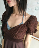 Kiaco Heart Neck Puff Ribbon Punching Short Sleeve Blouse