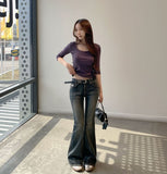 Vintage Washing Patch Embroidery Slim Fit Bootcut Low Denim Pants