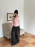 Atter strap deep V-neck slim ribbed crop long sleeve knit