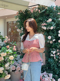 Sweet Seersucker Check Collar Puff Blouse
