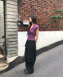 Dyeing V-neck Ribbon See-through Short Sleeve T-shirt