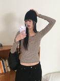 Liren Stripe Slim Fit Round Crop Long Sleeve T-Shirt