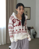 Shuong Rabbit Heart Fur Bells Hood Knit Zip-up