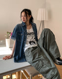 Ruff unbalanced pocket denim short sleeve shirt