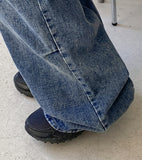 Length parachute washed denim pants