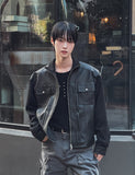 Moad Half Neck Knit Color Matching Leather Jacket