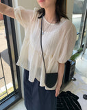 Myuo dot ribbon shirring short sleeve blouse