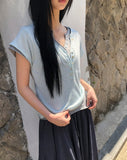 Skew Button V-Neck Short Sleeve Knit
