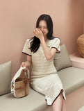[Knit Two-Piece] Cel Openwork Collar Color Matching Knit Long Skirt