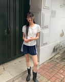 Jenny Round Collar Pin Tuck Lace Puff Short Sleeve Blouse