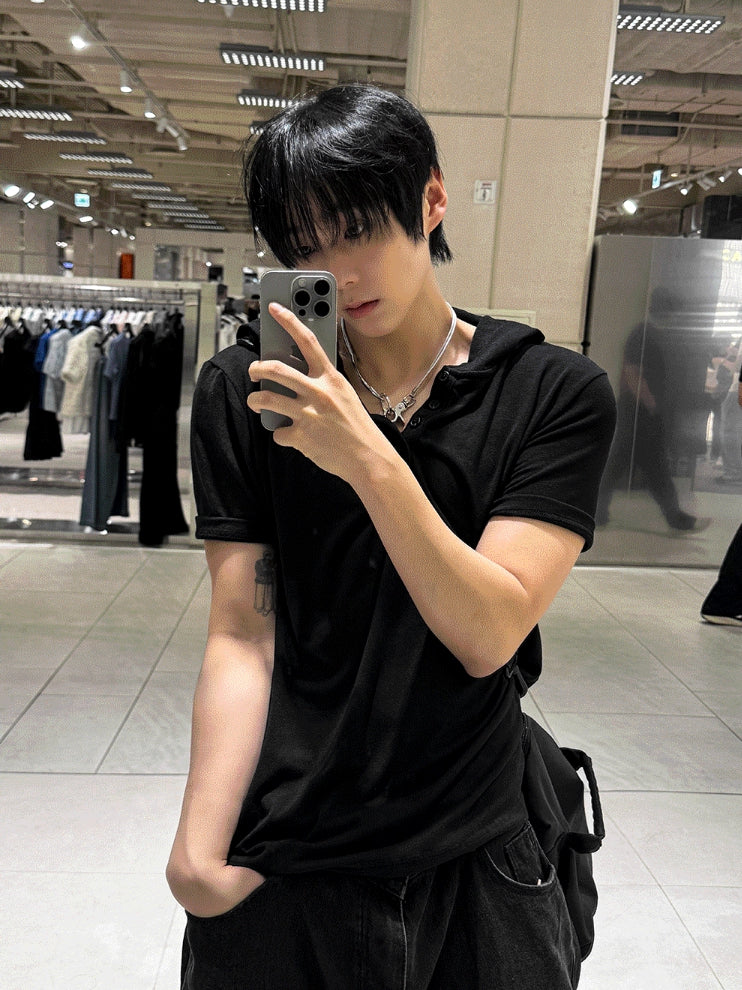 【COSYHARU】Henley Neck Hood Short Sleeve Sleeve COSYHARU (コシハル) - ヘンリーネックフード半袖Tシャツ