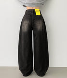 Washing Banding Heated Fabric Brushed Hem Snap Wide Fit Denim Pants XL~