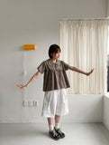 Geljik Check Frill Round Short Sleeve Blouse