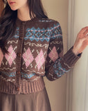 Cren Argyle Puff Knit Cardigan