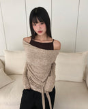 Bimu rib strap sleeveless layered off-shoulder long sleeve T-shirt