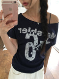 Nero Off-Neck Lettering Number Short Sleeve T-Shirt