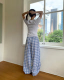 Khark Checkered Pintuck Banding Long Wide Pants