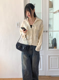 Lauder wool collar pocket knit long sleeve cardigan