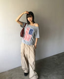 Det Vintage American Flag Printing One-Off-Shoulder Short Sleeve T-Shirt